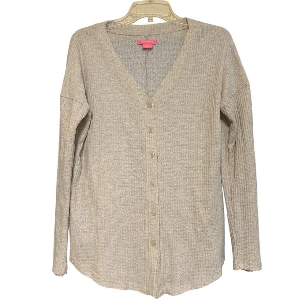 Isaac Mizrahi New York Womens Beige‎ Size M Waffle Knit V neck Top Stretch